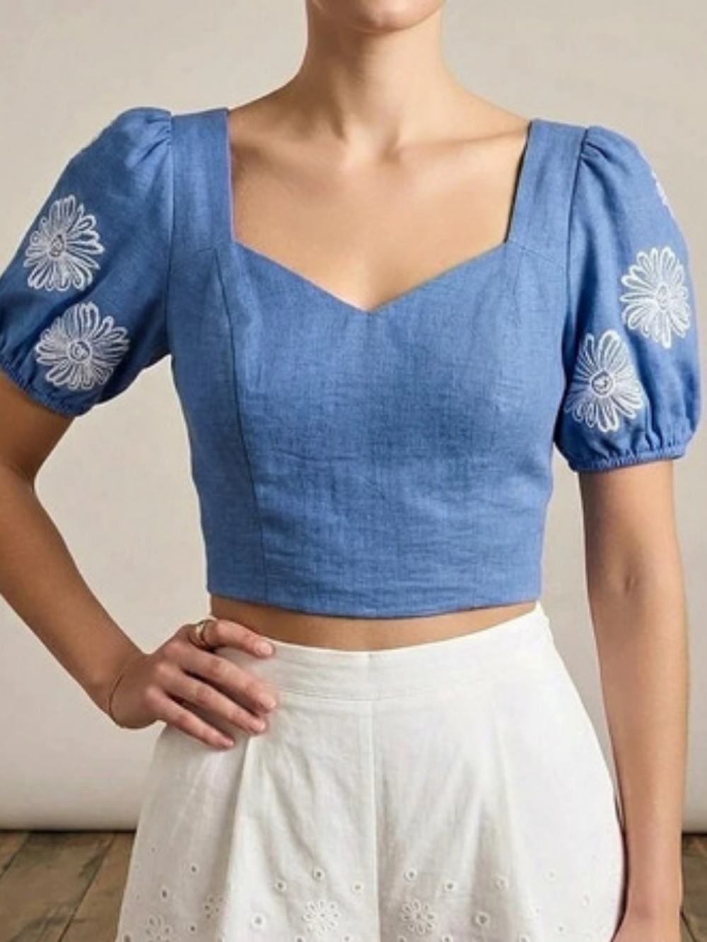 Milk And Honey Set Blue Puff Sleeve Crop Top 💙 And White Lace Detail Shorts NWT